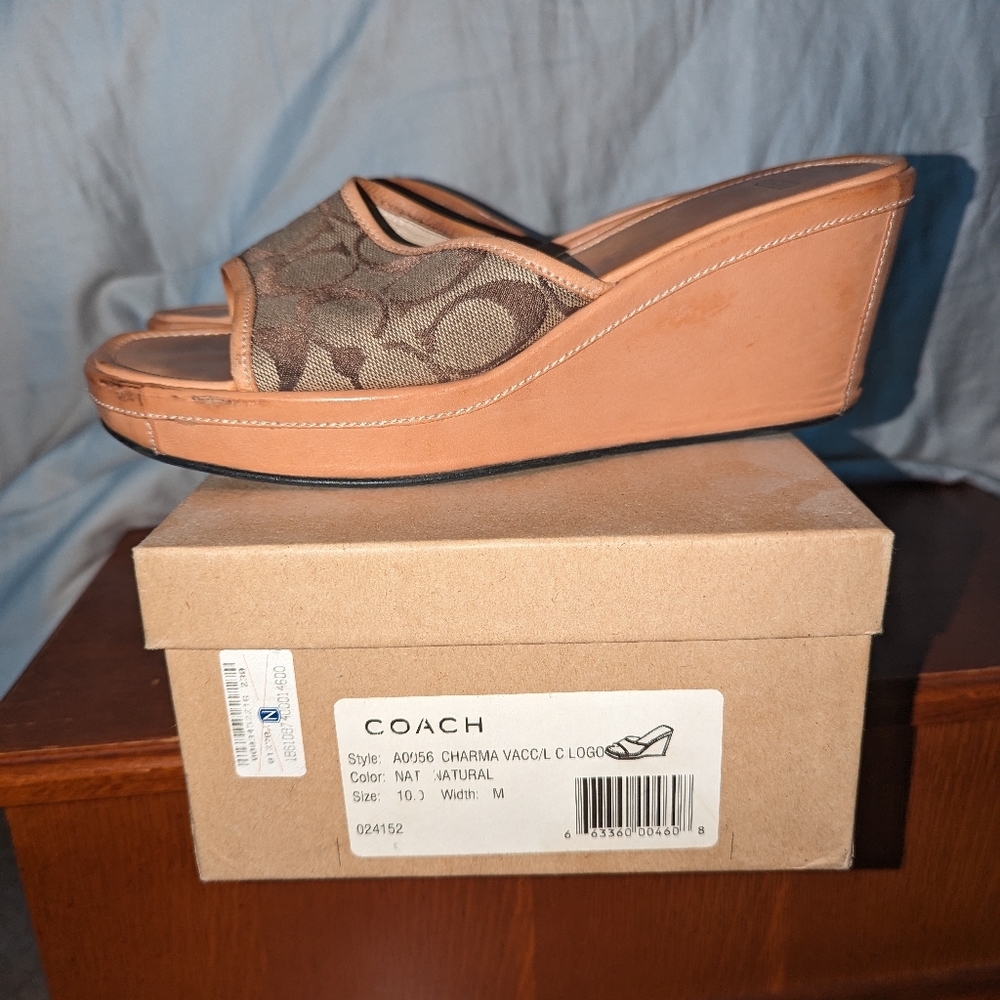 Coach Tan and Brown Signature Canvas Wedge Sandals